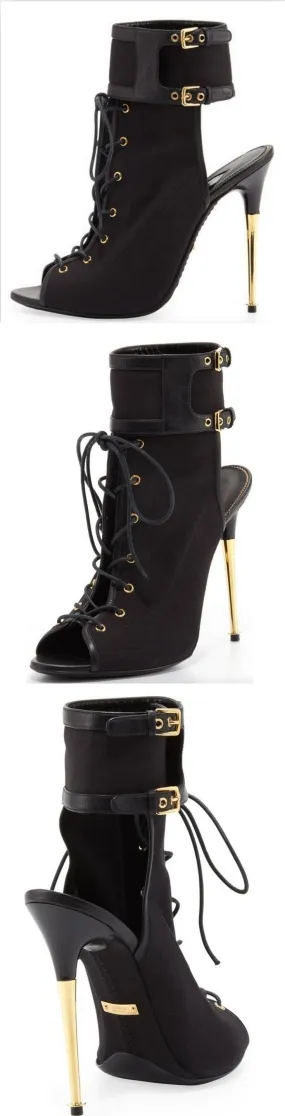 Black Stretch Canvas Lace-Up Booties