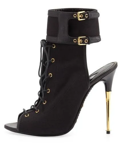 Black Stretch Canvas Lace-Up Booties