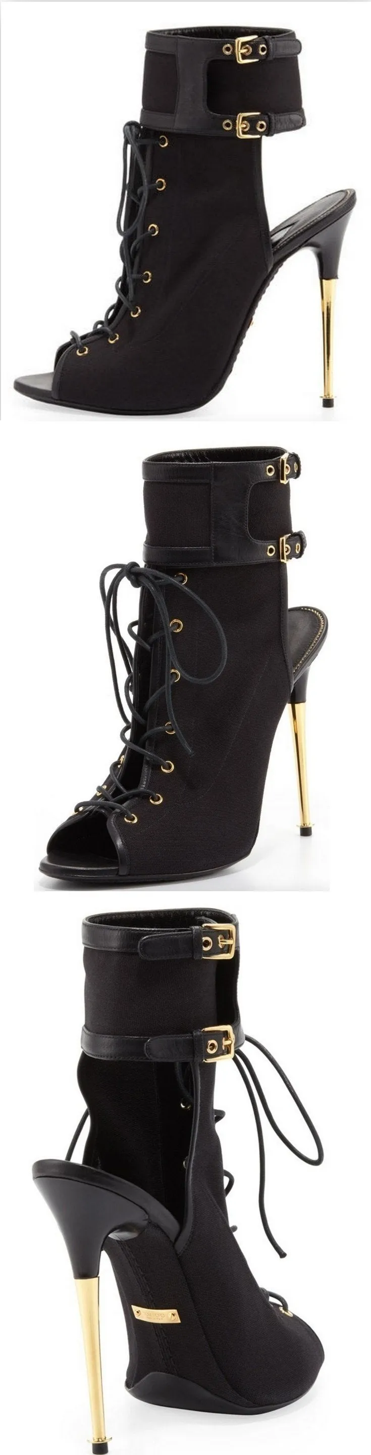 Black Stretch Canvas Lace-Up Booties