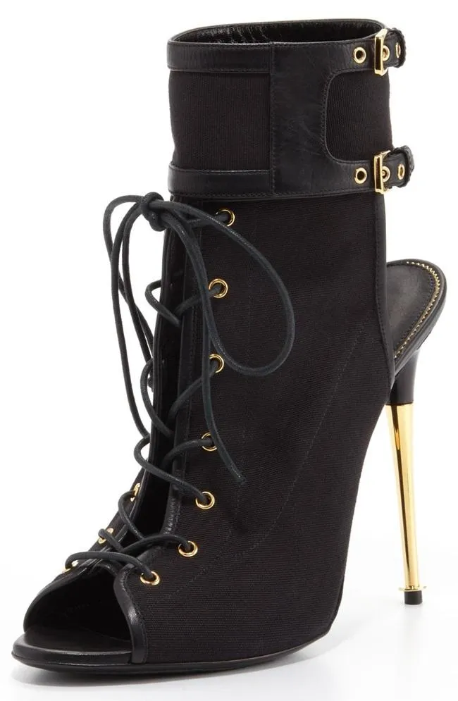 Black Stretch Canvas Lace-Up Booties