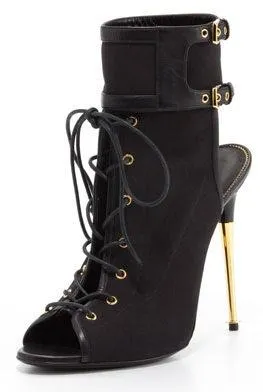 Black Stretch Canvas Lace-Up Booties