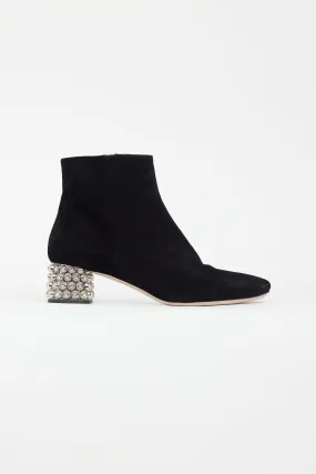 Black Suede & Crystal Embellished Heel Boot