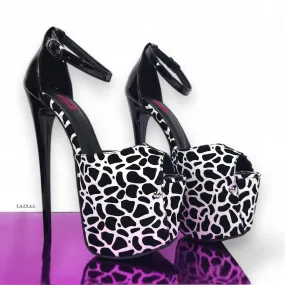 Black White Leopard Print Ankle Strap High Heels