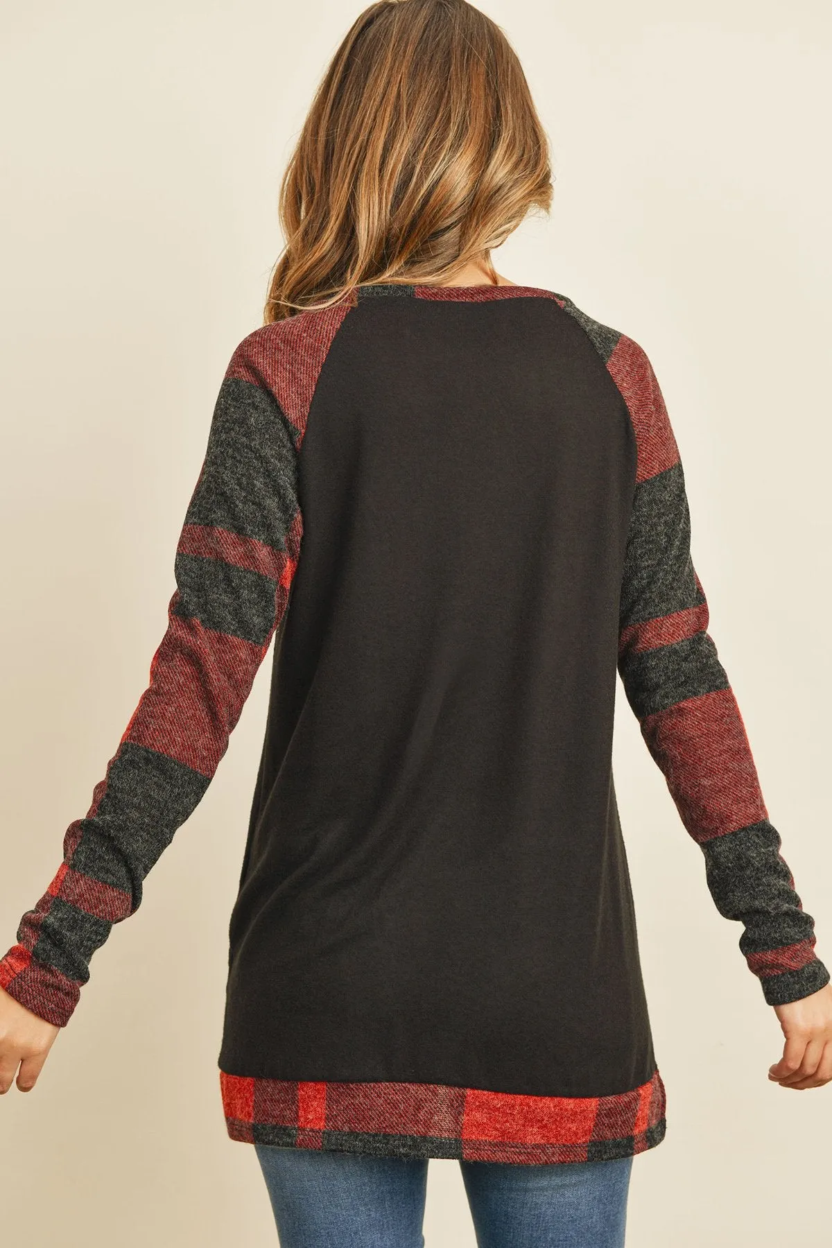 Brush Hacci Plaid Contrast Long Back Hem Top
