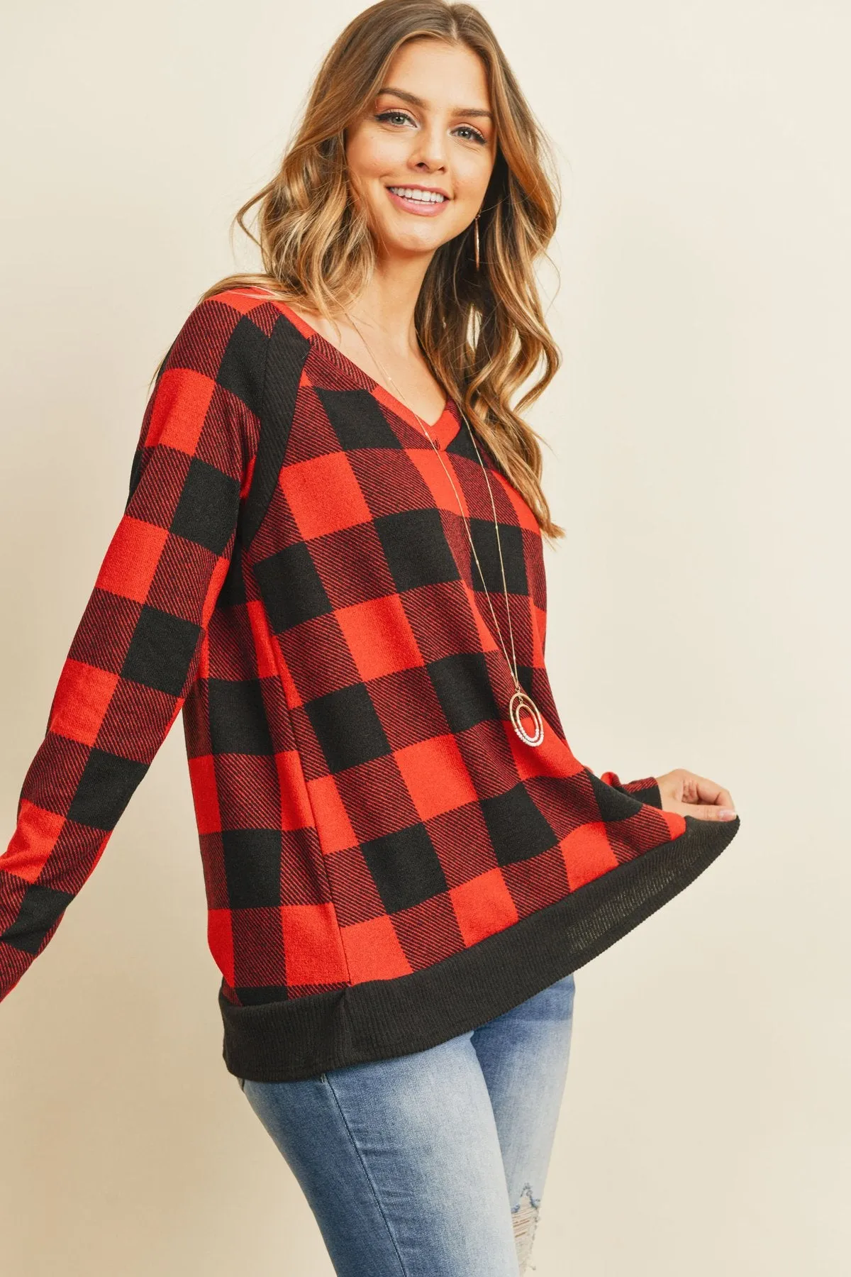 Checker Plaid V-Neck Long Sleeve Top