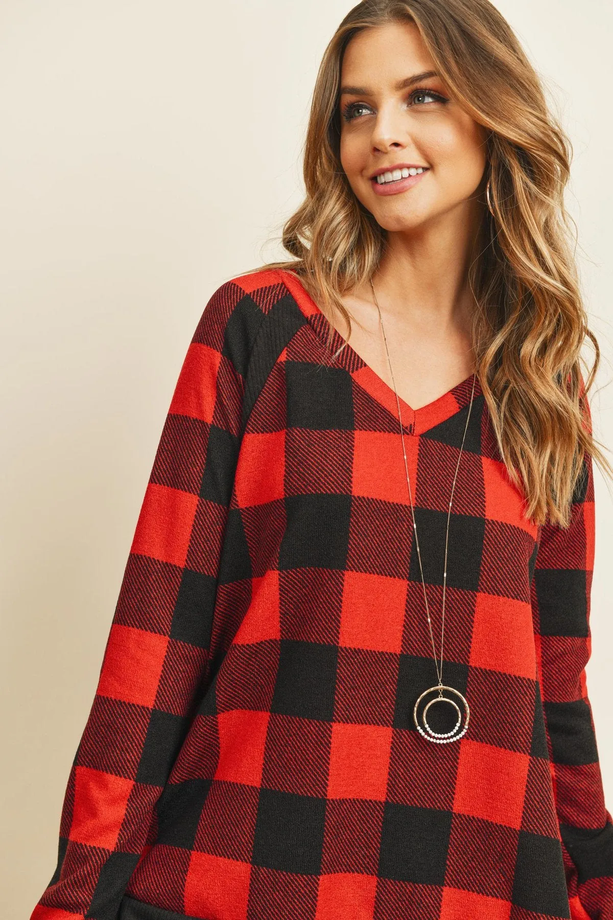Checker Plaid V-Neck Long Sleeve Top