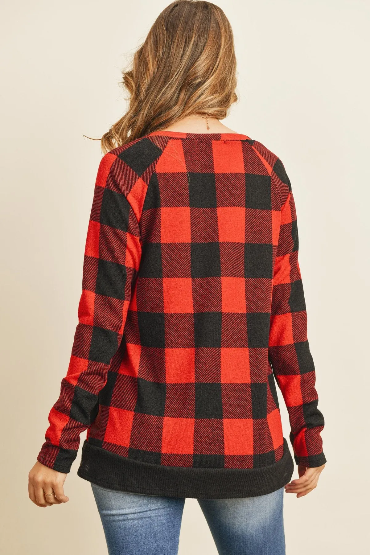 Checker Plaid V-Neck Long Sleeve Top