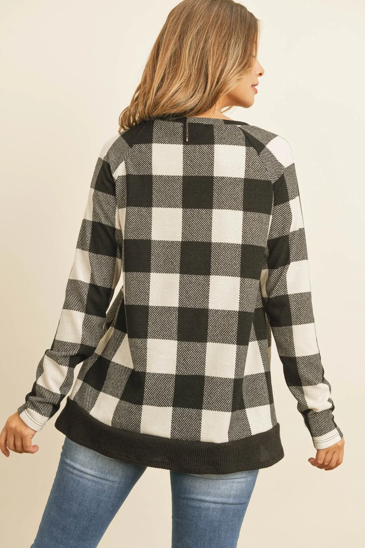 Checker Plaid V-Neck Long Sleeve Top