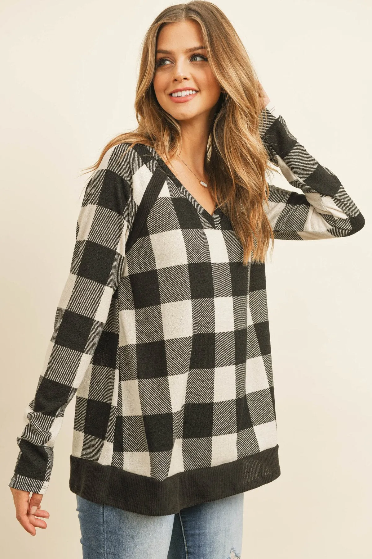 Checker Plaid V-Neck Long Sleeve Top