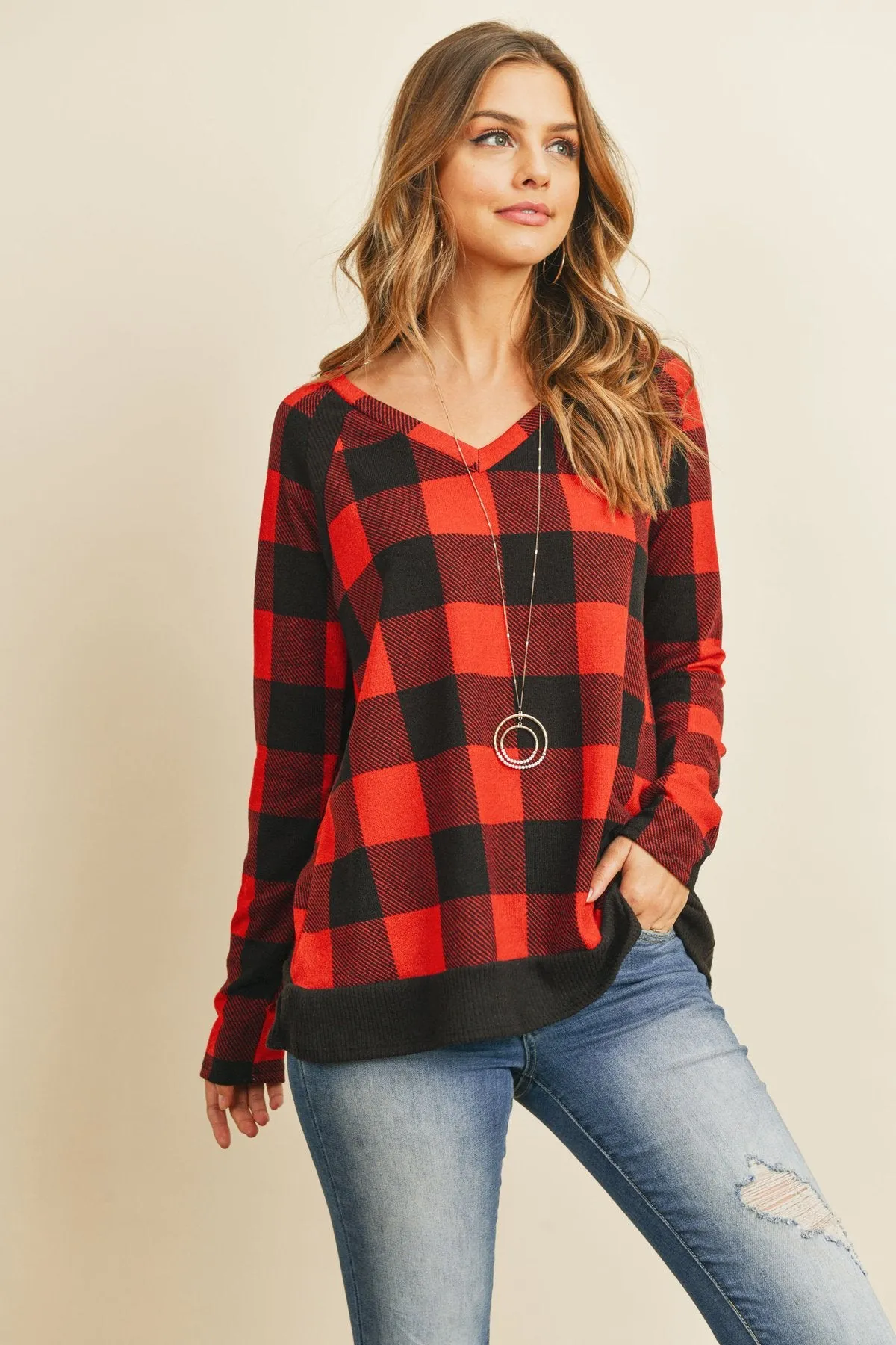 Checker Plaid V-Neck Long Sleeve Top