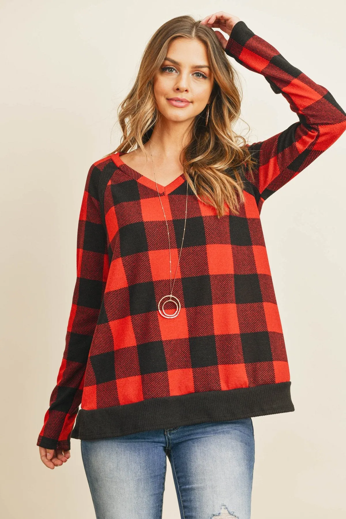Checker Plaid V-Neck Long Sleeve Top