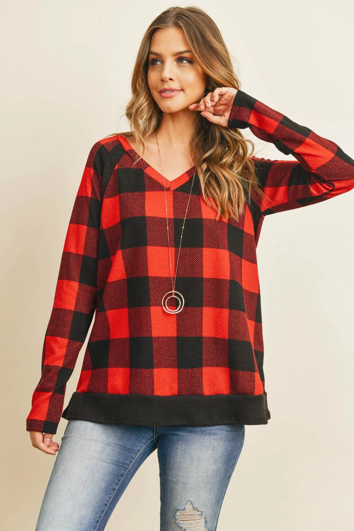 Checker Plaid V-Neck Long Sleeve Top