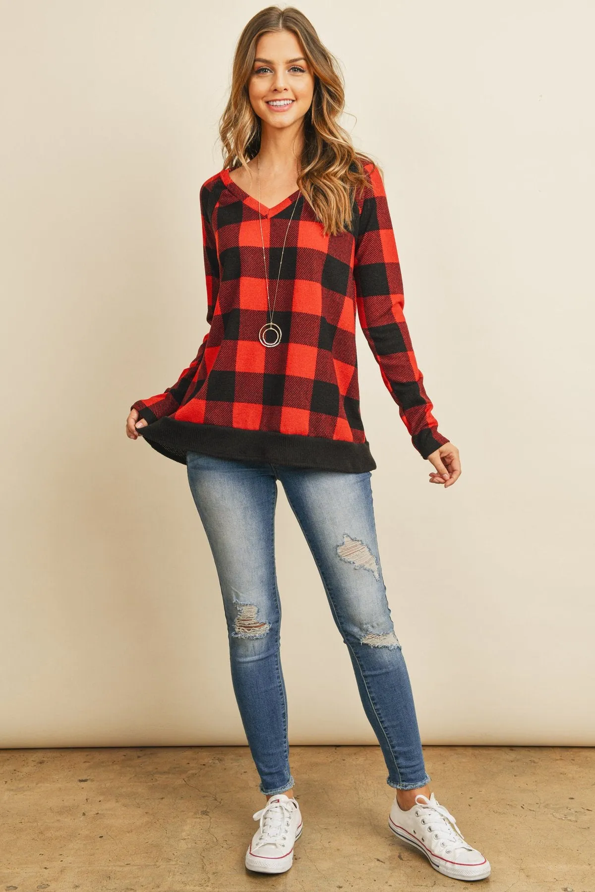 Checker Plaid V-Neck Long Sleeve Top