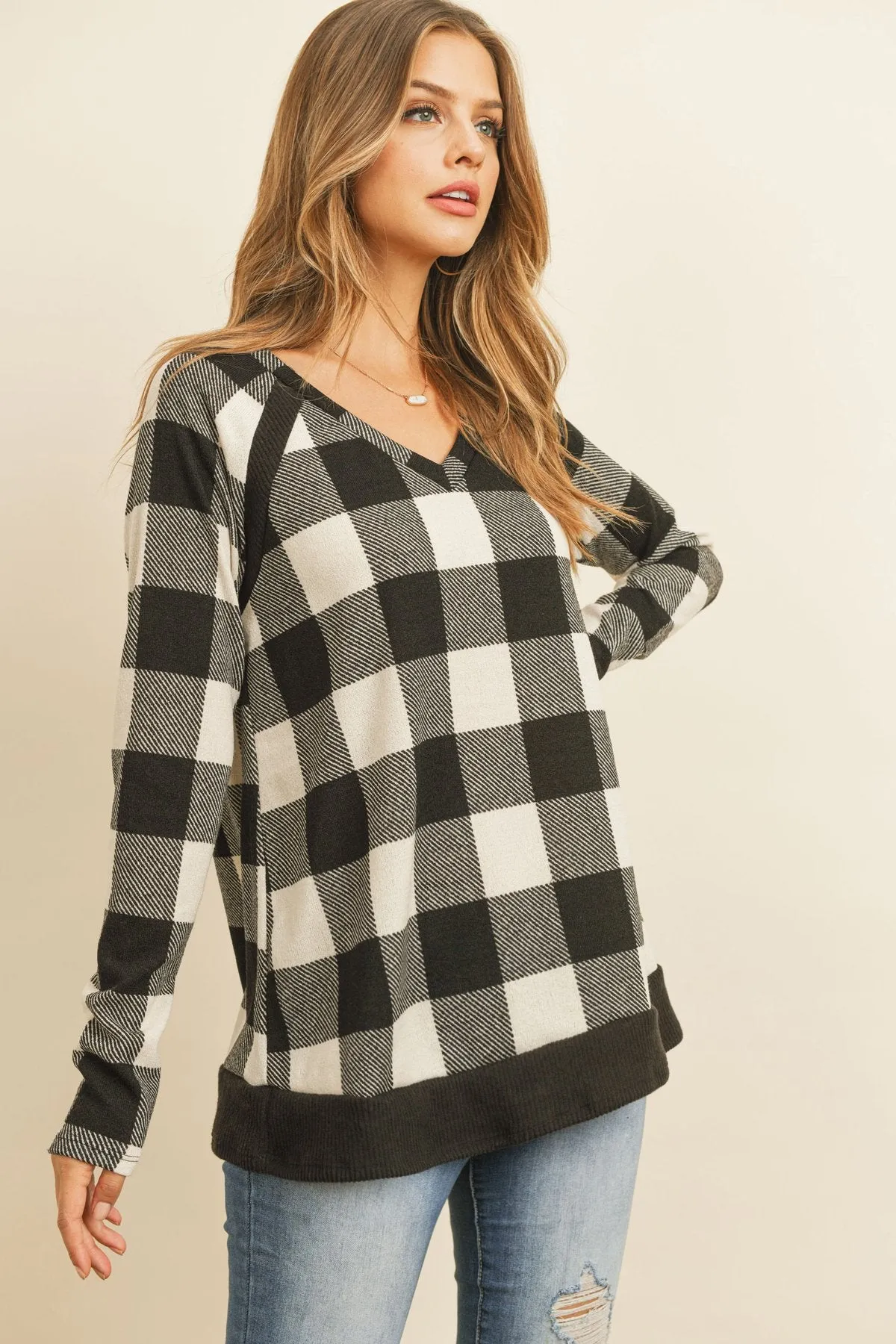 Checker Plaid V-Neck Long Sleeve Top