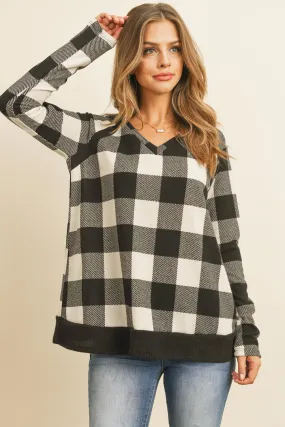Checker Plaid V-Neck Long Sleeve Top