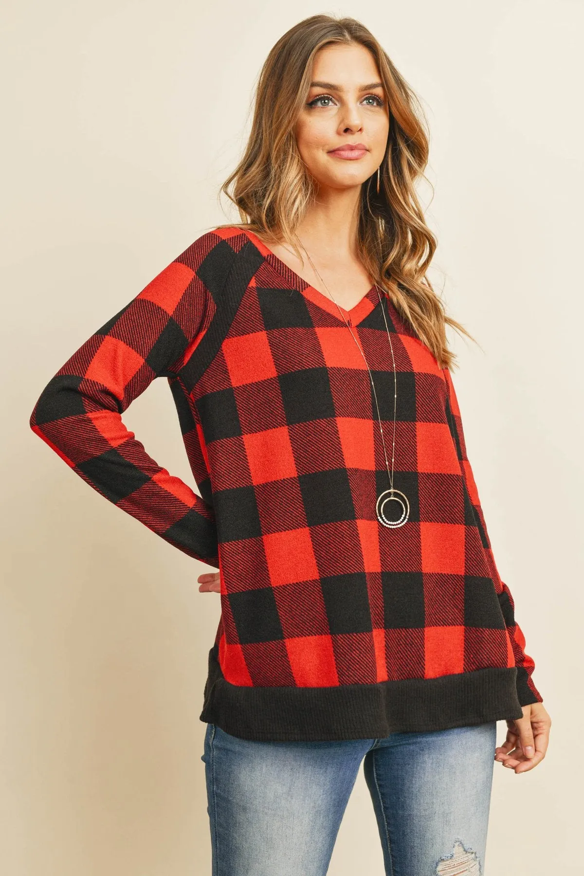 Checker Plaid V-Neck Long Sleeve Top