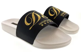 Dolce & Gabbana Men's Black & White Logo Slides Gold Embroidery -EU39