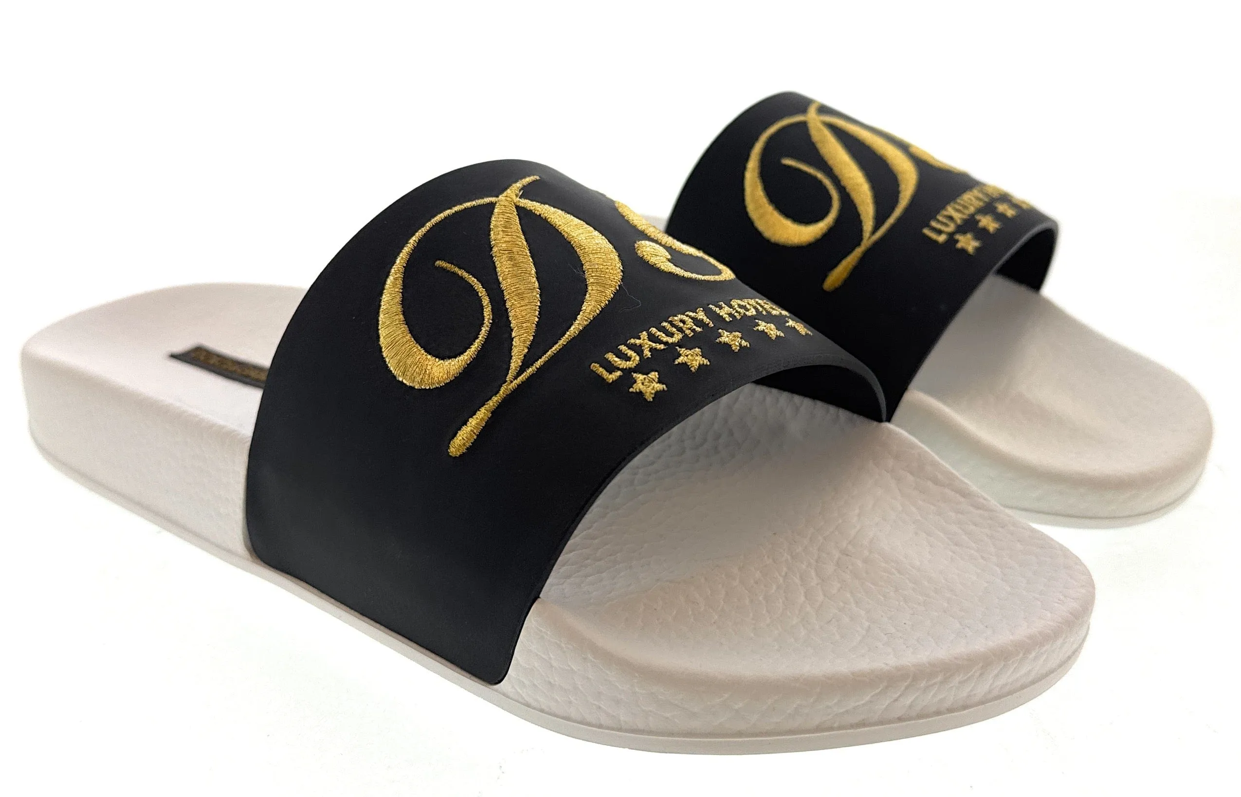 Dolce & Gabbana Men's Black & White Logo Slides Gold Embroidery -EU39