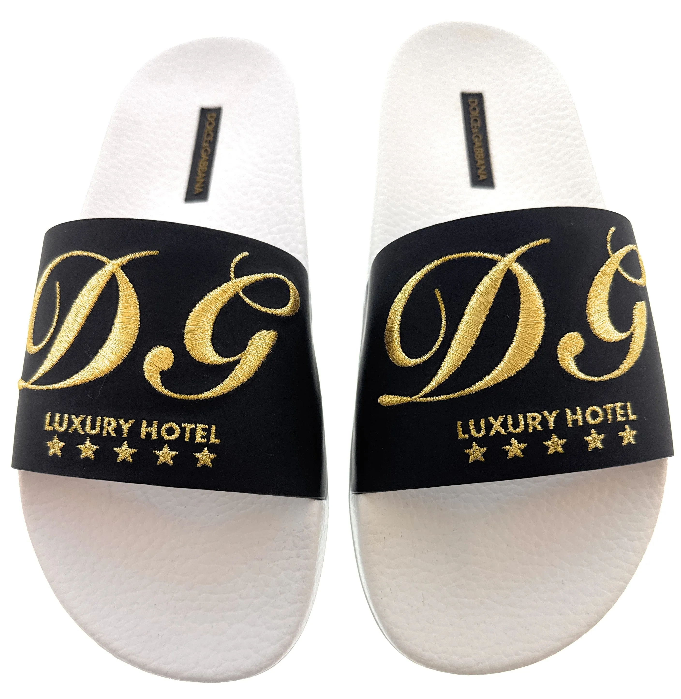 Dolce & Gabbana Men's Black & White Logo Slides Gold Embroidery -EU39
