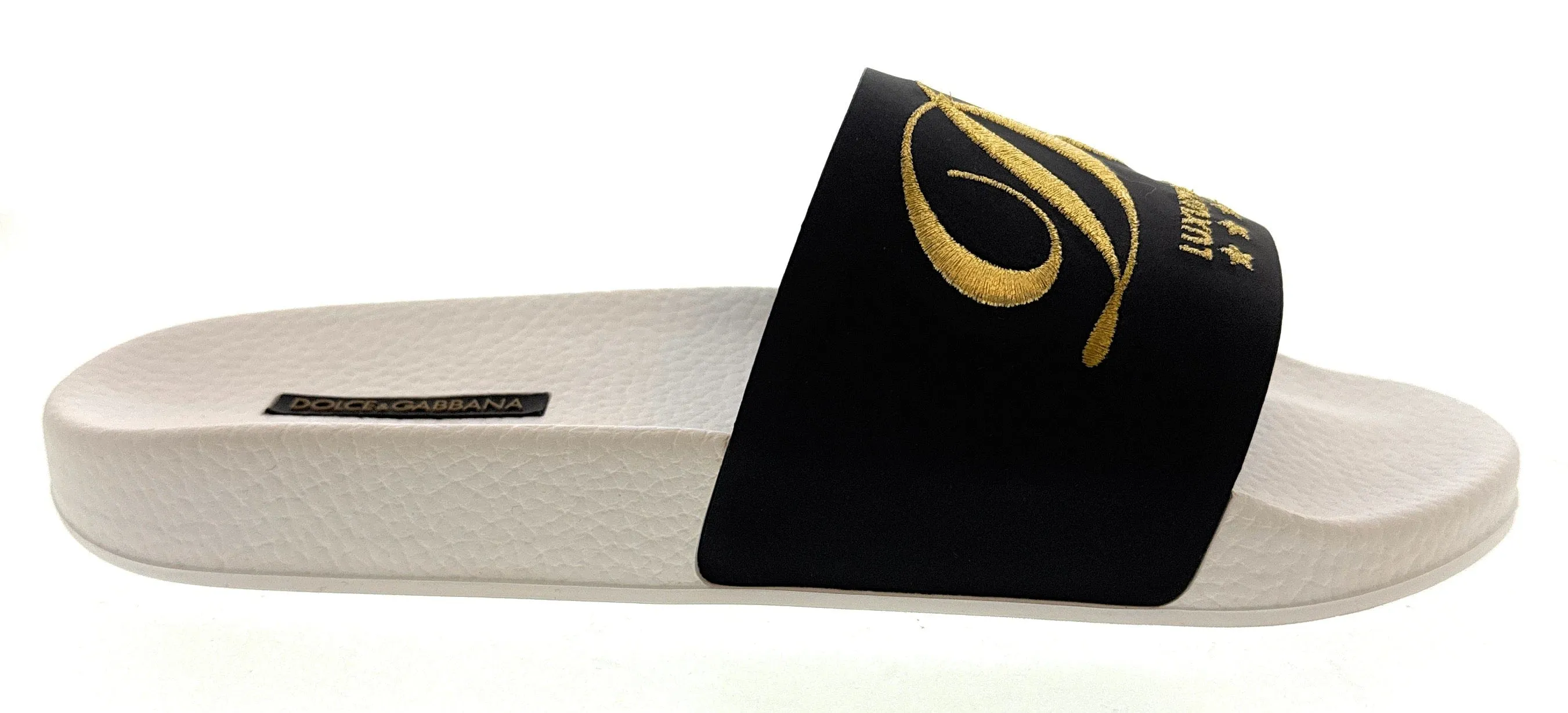 Dolce & Gabbana Men's Black & White Logo Slides Gold Embroidery -EU39
