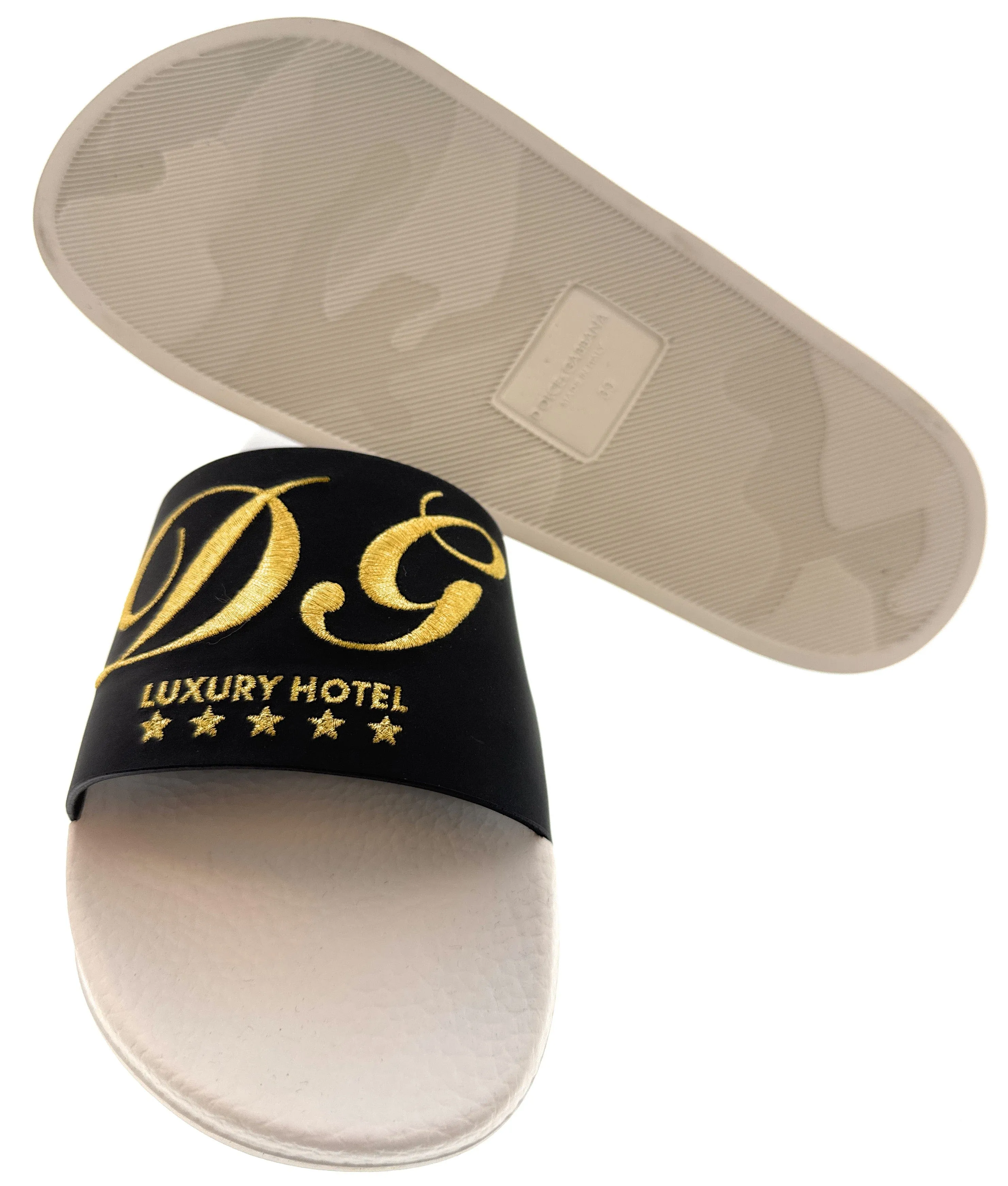 Dolce & Gabbana Men's Black & White Logo Slides Gold Embroidery -EU39