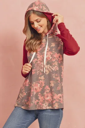 Floral Hacci Sleeved Contrast Hoodie With Drawstrings