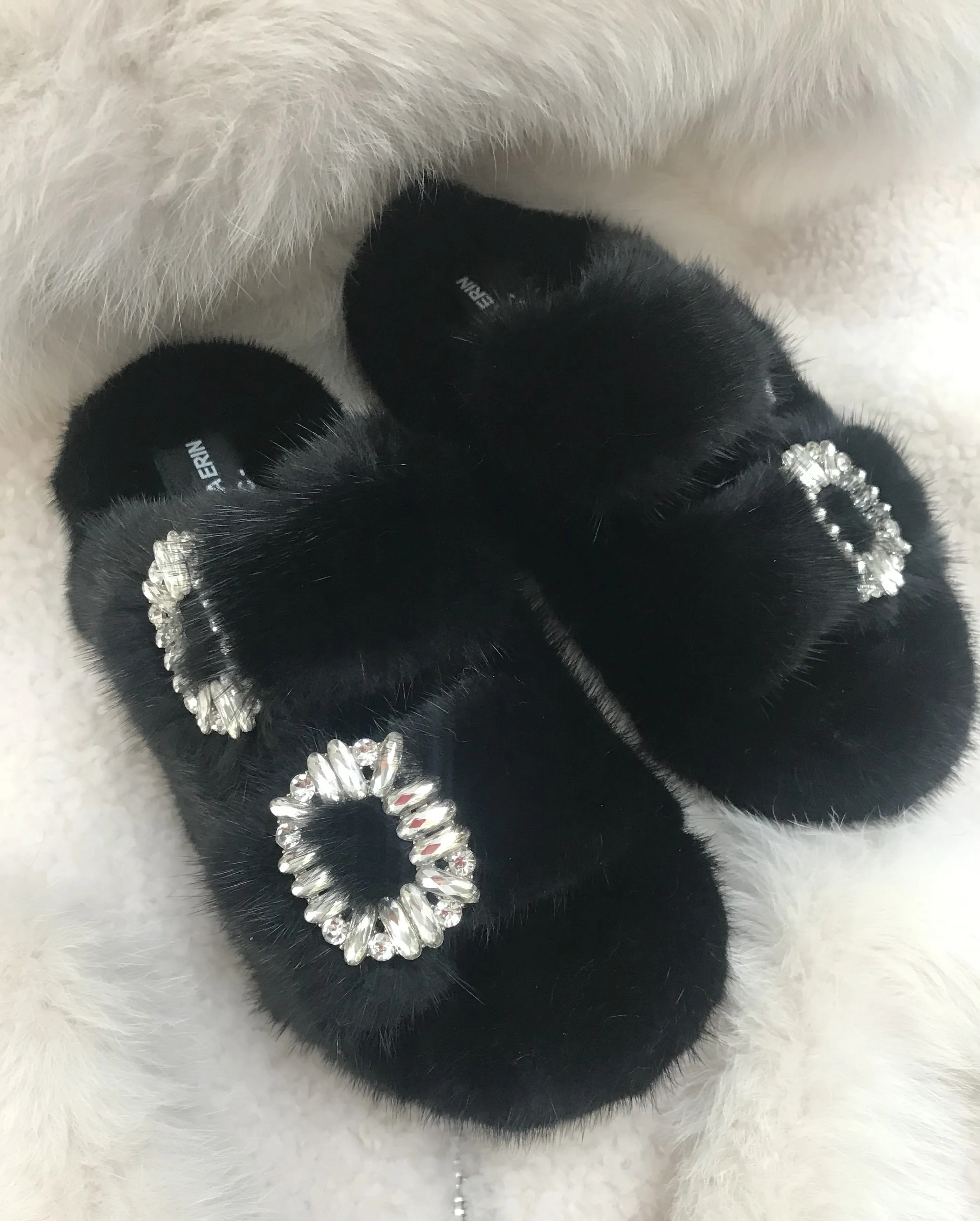Genuine Mink Slides with Crystal Buckles