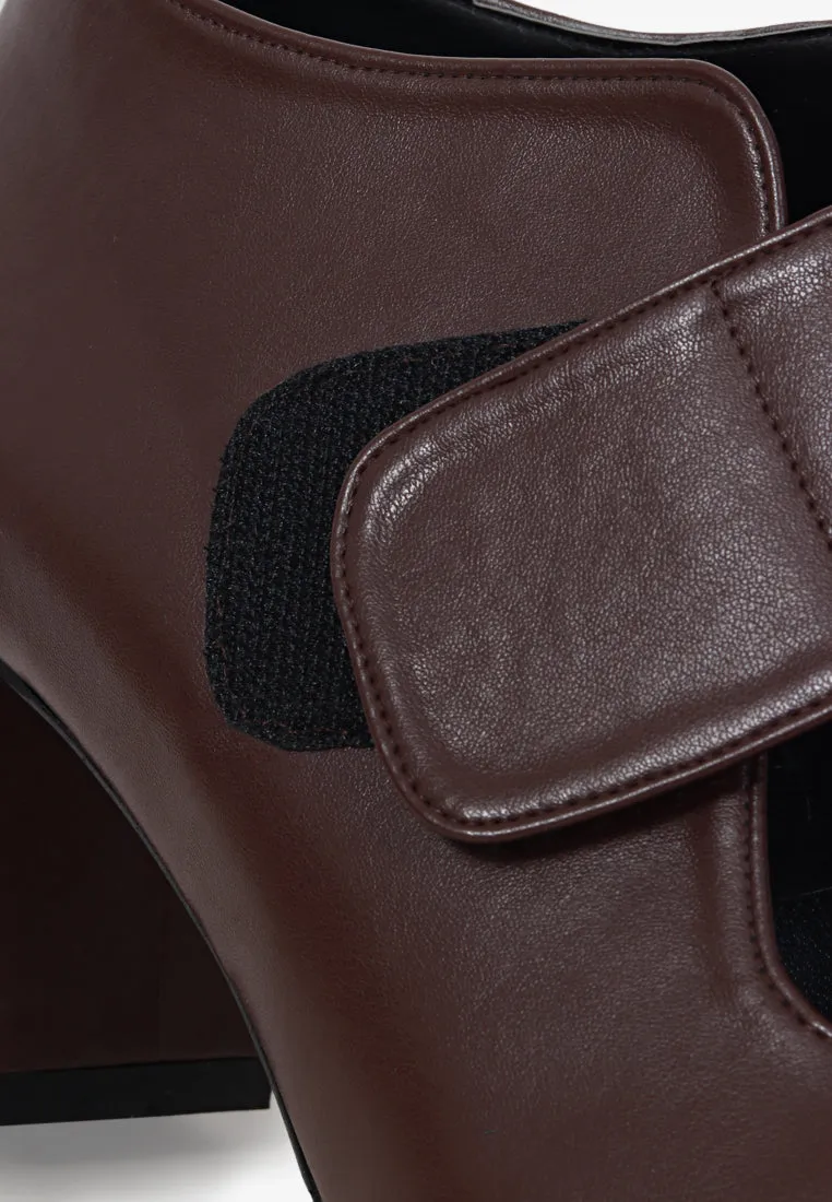 Nancy Peep Toe Velcro Strap Boots - Dark Brown