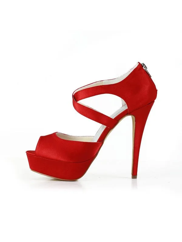 Red Satin Peep Toe Stiletto Heel Party Shoes OS122
