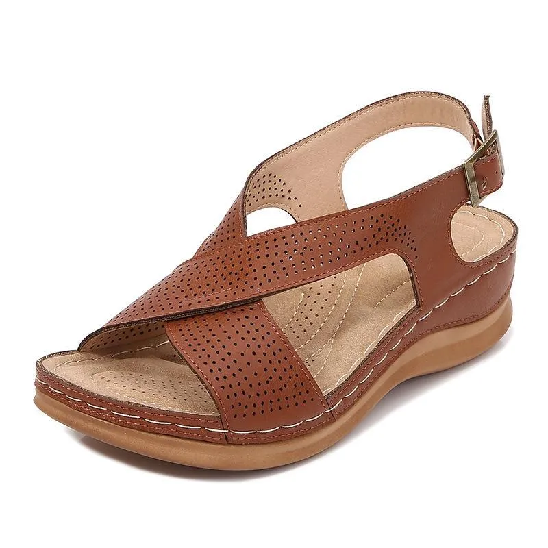 Women peep toe criss cross buckle strap platform wedge sandals