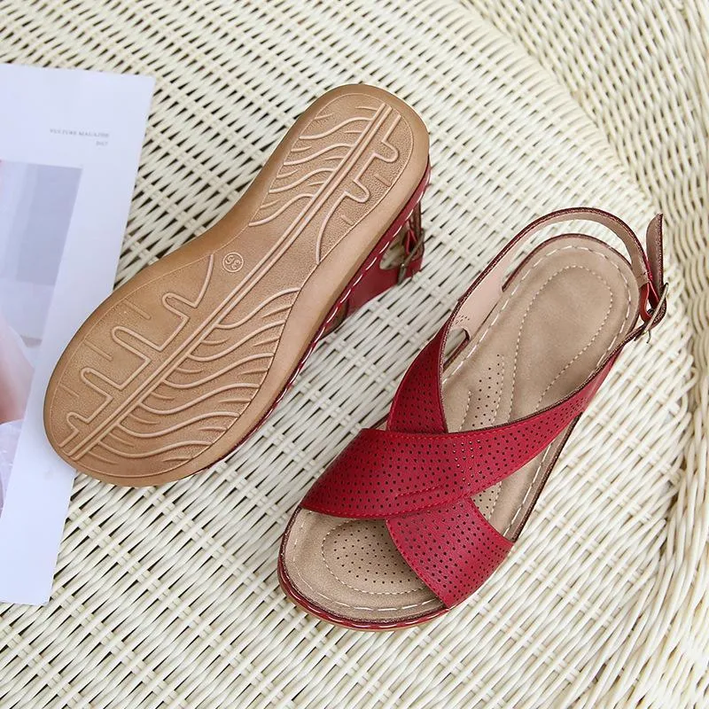 Women peep toe criss cross buckle strap platform wedge sandals